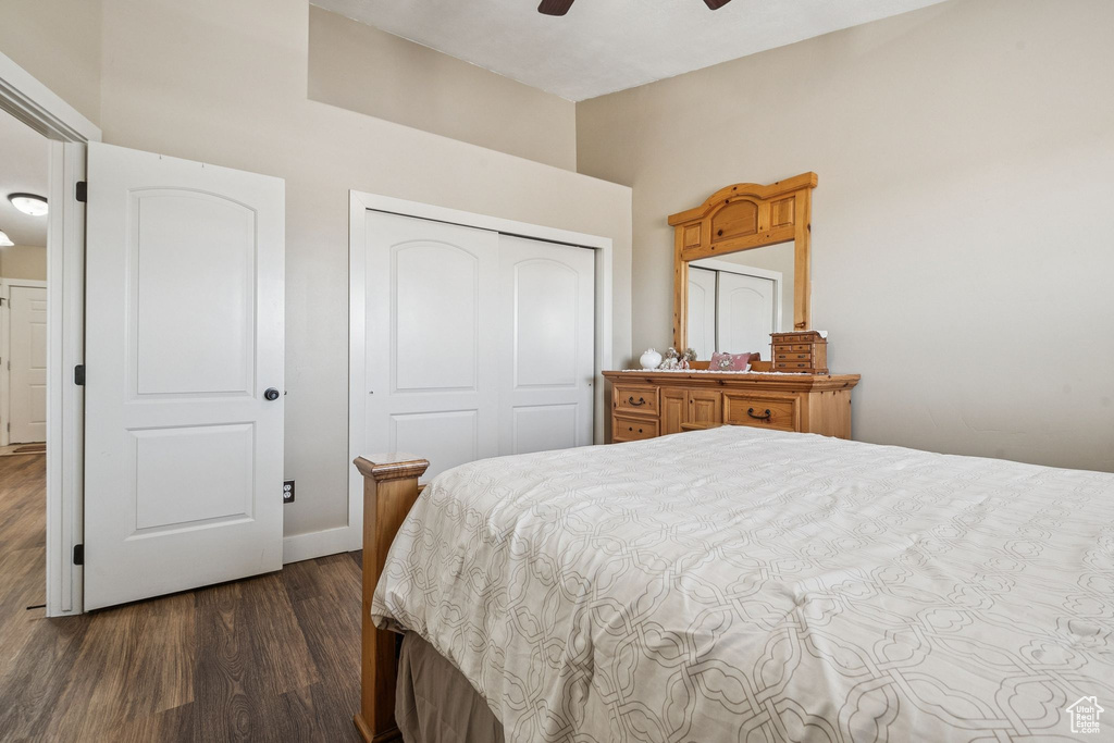 Bedroom with dark wood-style flooring, a closet, and ceiling fan