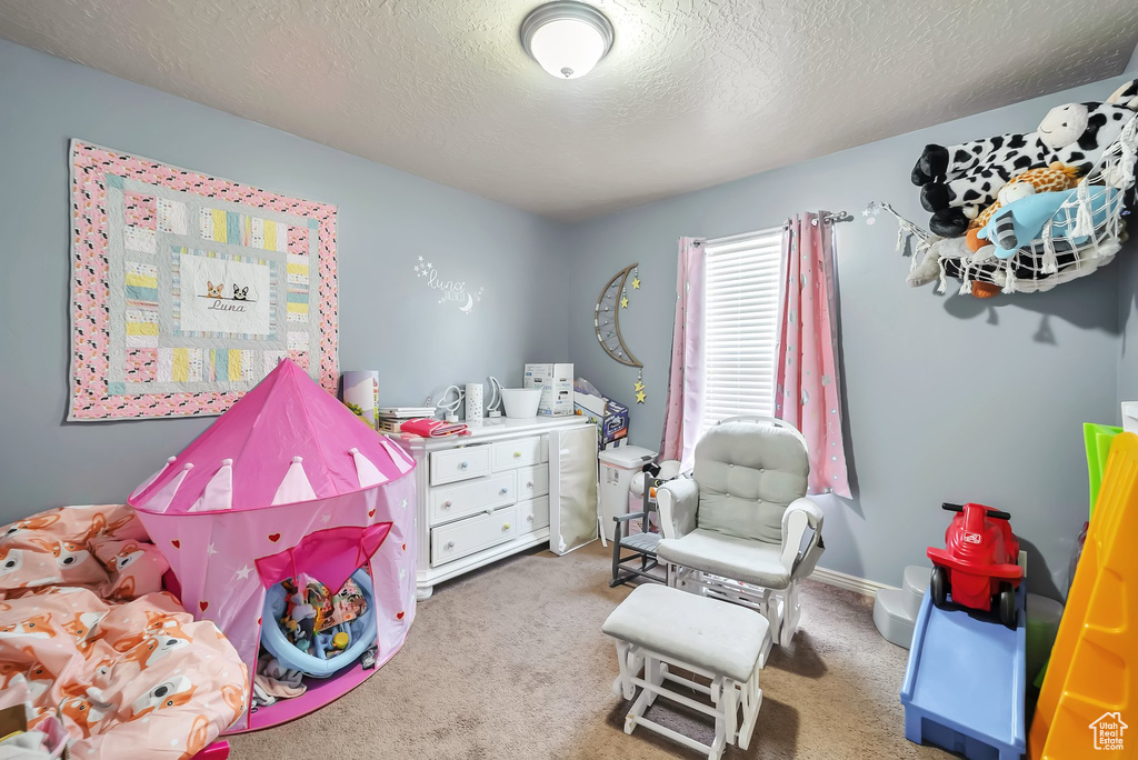 Bedroom with a textured ceiling and carpet flooring