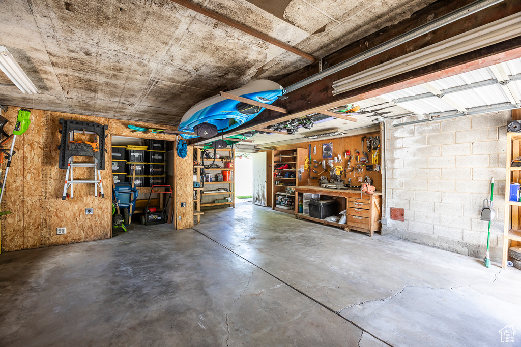 Garage with a workshop area