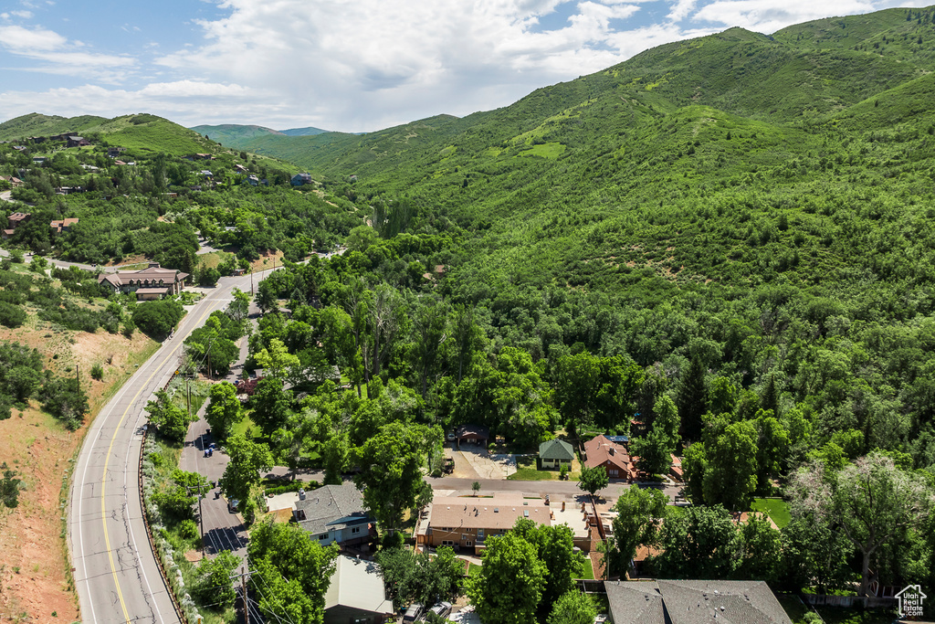 Drone / aerial view of a mountain backdrop and a heavily wooded area