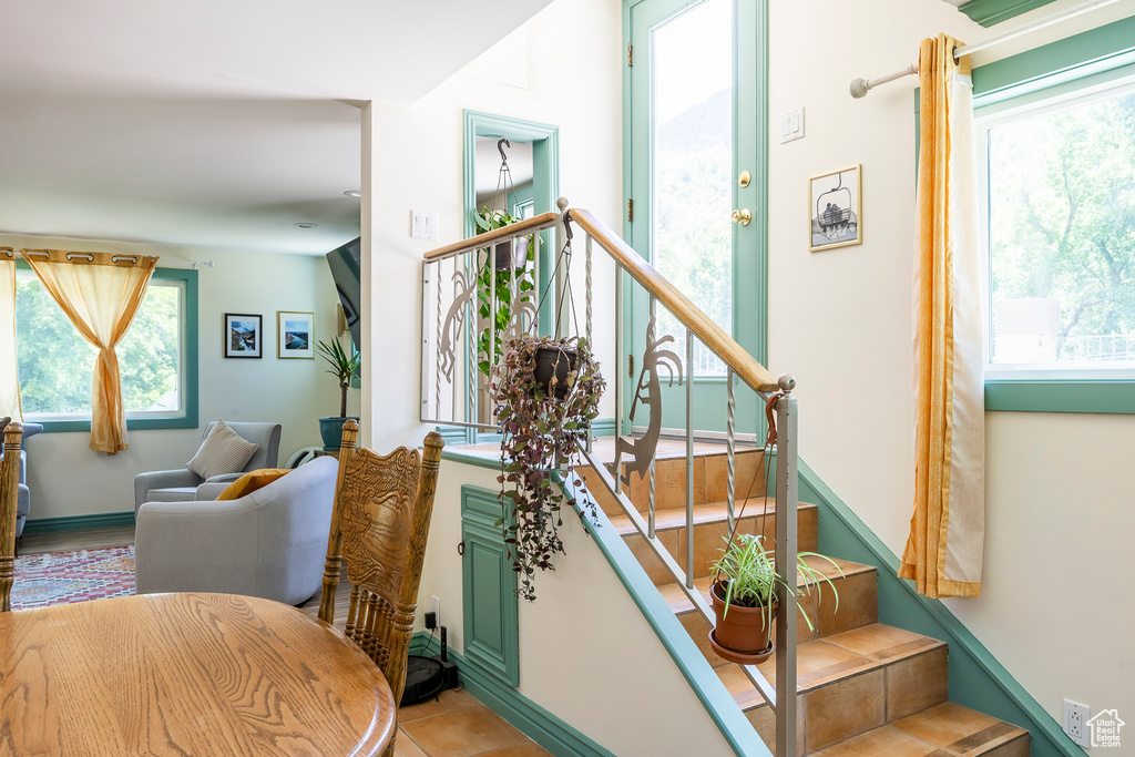 Stairway with tile patterned floors