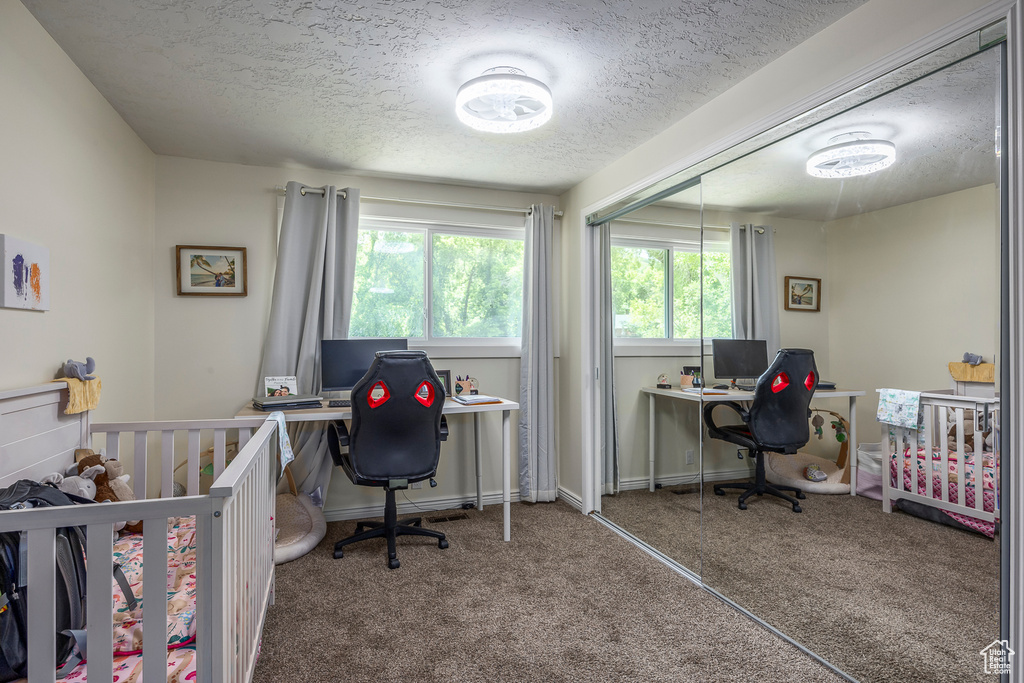Bedroom with a textured ceiling, carpet floors, and a desk
