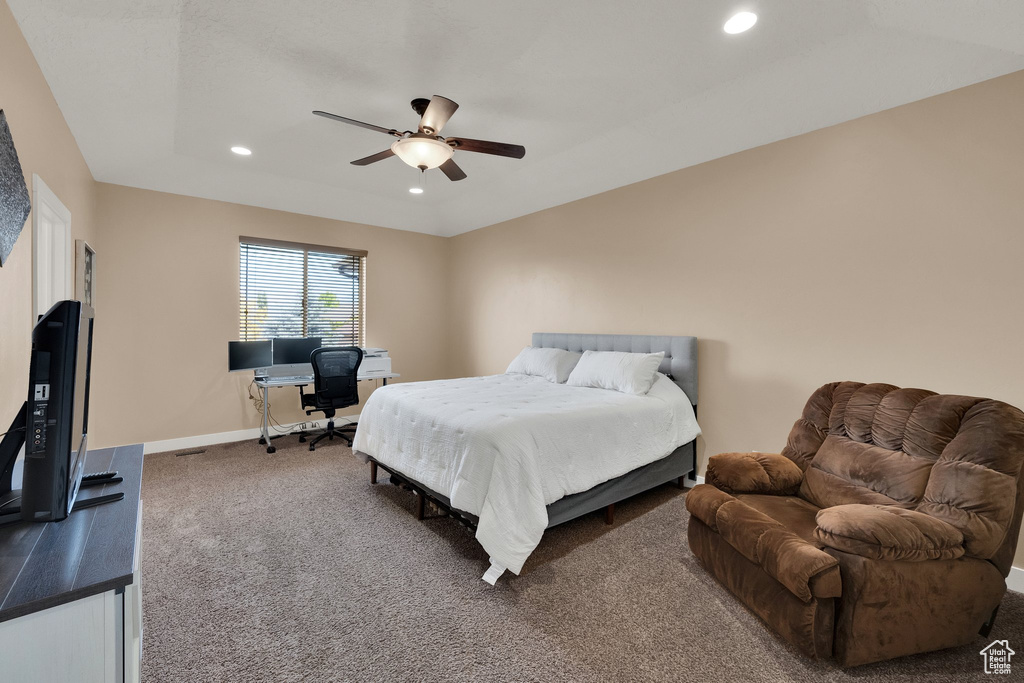 Bedroom with recessed lighting, an office area, carpet flooring, and ceiling fan