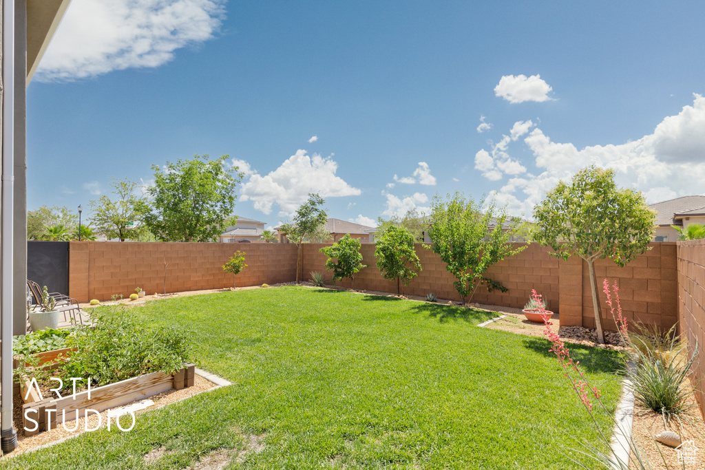 Fenced backyard with a garden