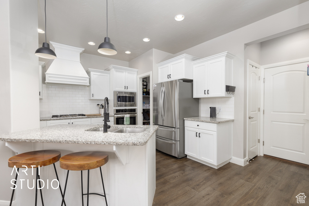 Kitchen with stainless steel appliances, premium range hood, dark wood-type flooring, backsplash, and white cabinets