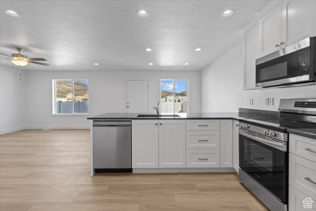 Kitchen with appliances with stainless steel finishes, a peninsula, light wood-style floors, ceiling fan, and recessed lighting