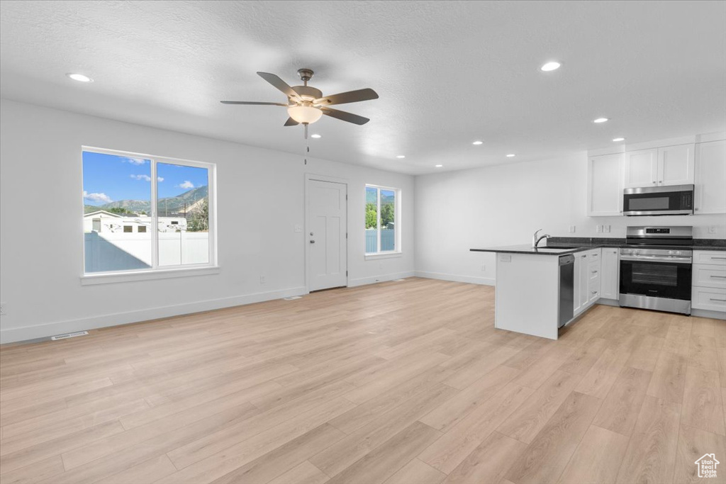 Kitchen with appliances with stainless steel finishes, open floor plan, a peninsula, dark countertops, and light wood finished floors