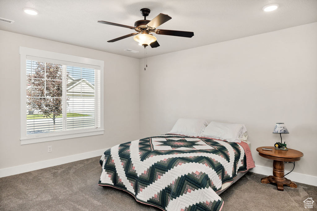 Bedroom featuring carpet floors, recessed lighting, and ceiling fan
