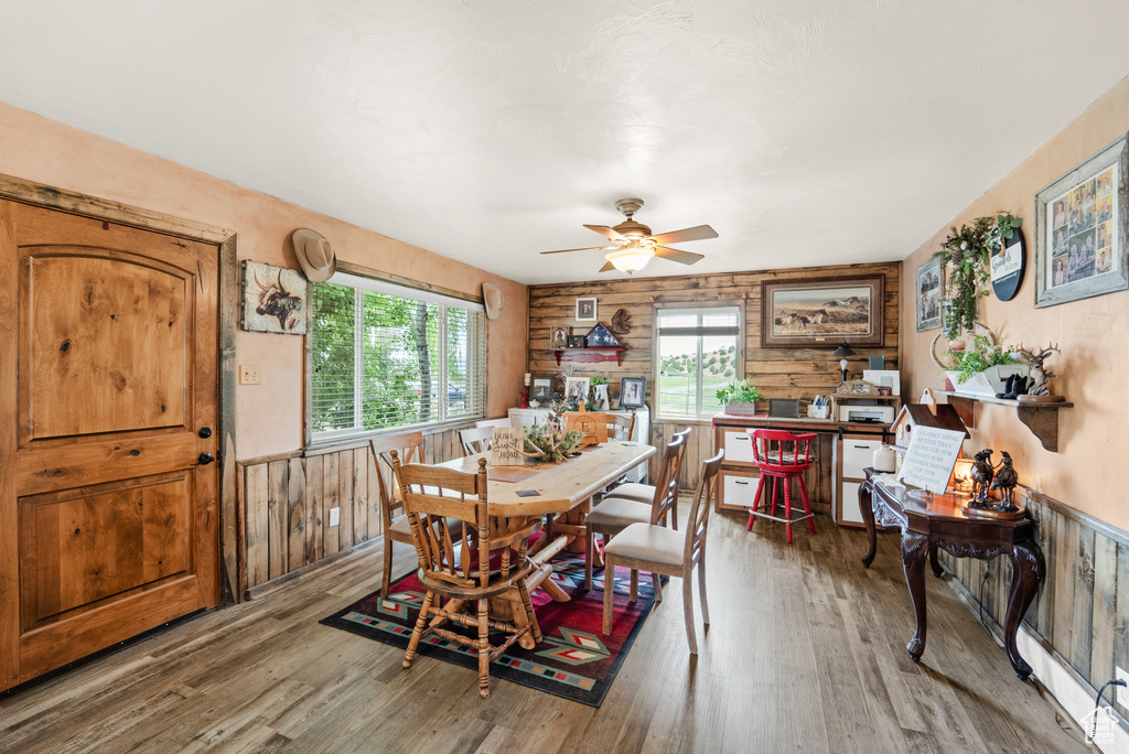 Dining area featuring plenty of natural light, wood finished floors, wooden walls, ceiling fan, and a wainscoted wall