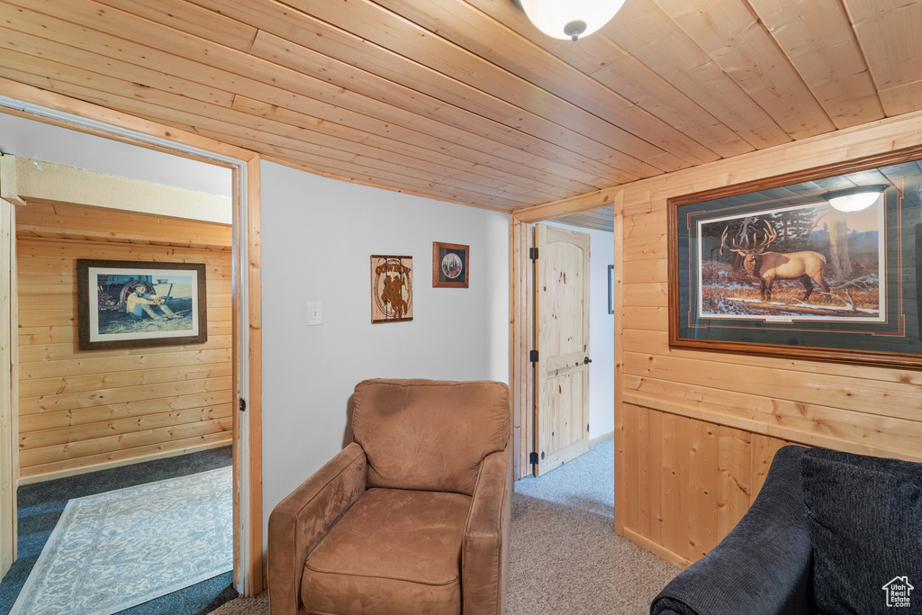 Living area with carpet flooring, wood walls, and wood ceiling