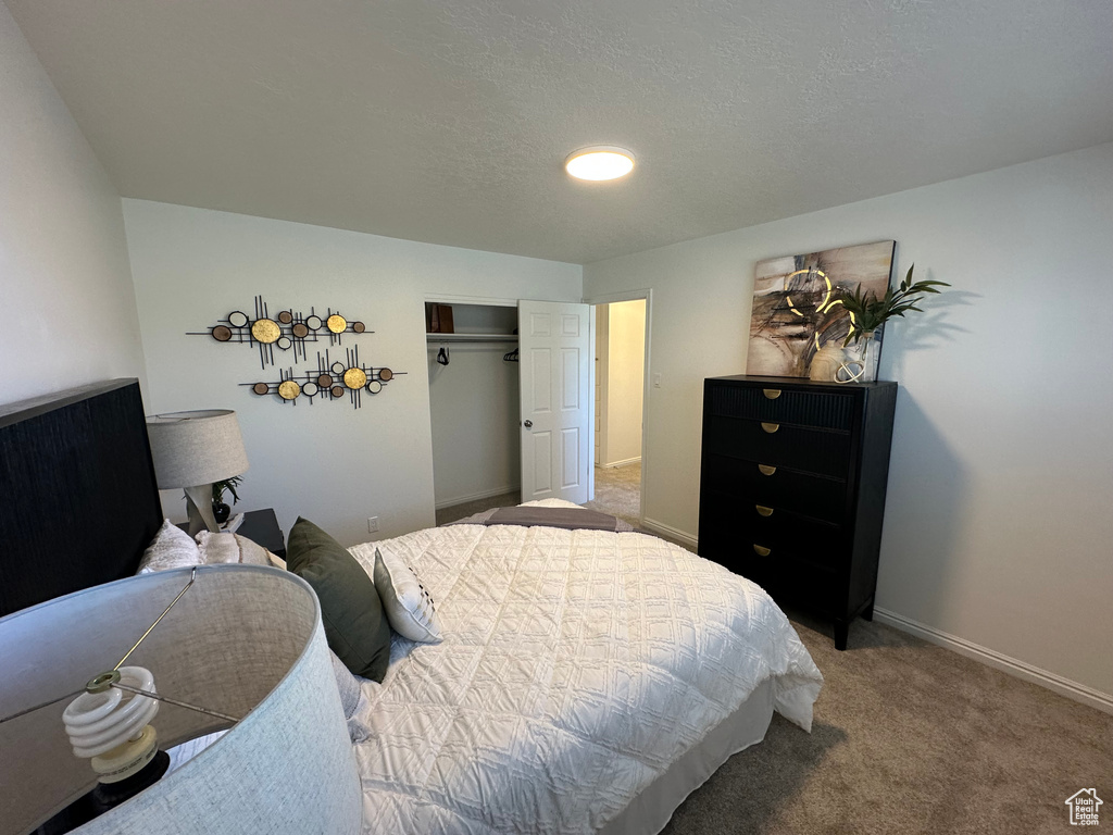 Bedroom featuring carpet flooring and a closet
