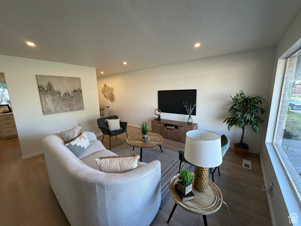Living room with wood finished floors, recessed lighting, and a textured ceiling