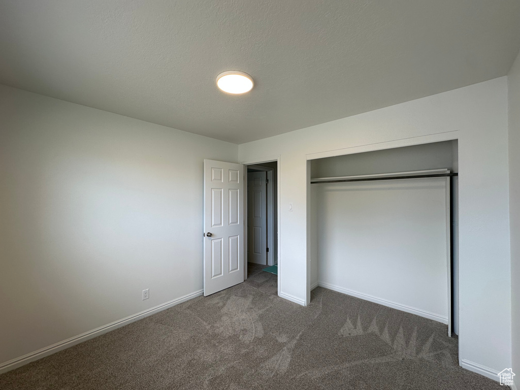 Unfurnished bedroom featuring carpet flooring and a closet
