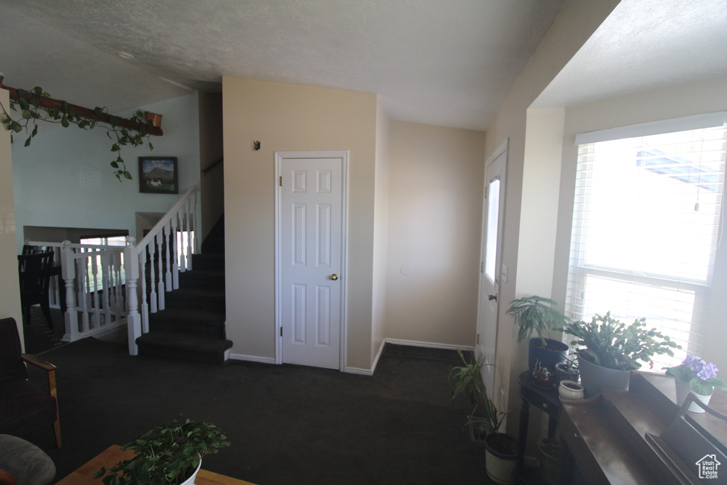 Carpeted living area featuring stairs and vaulted ceiling