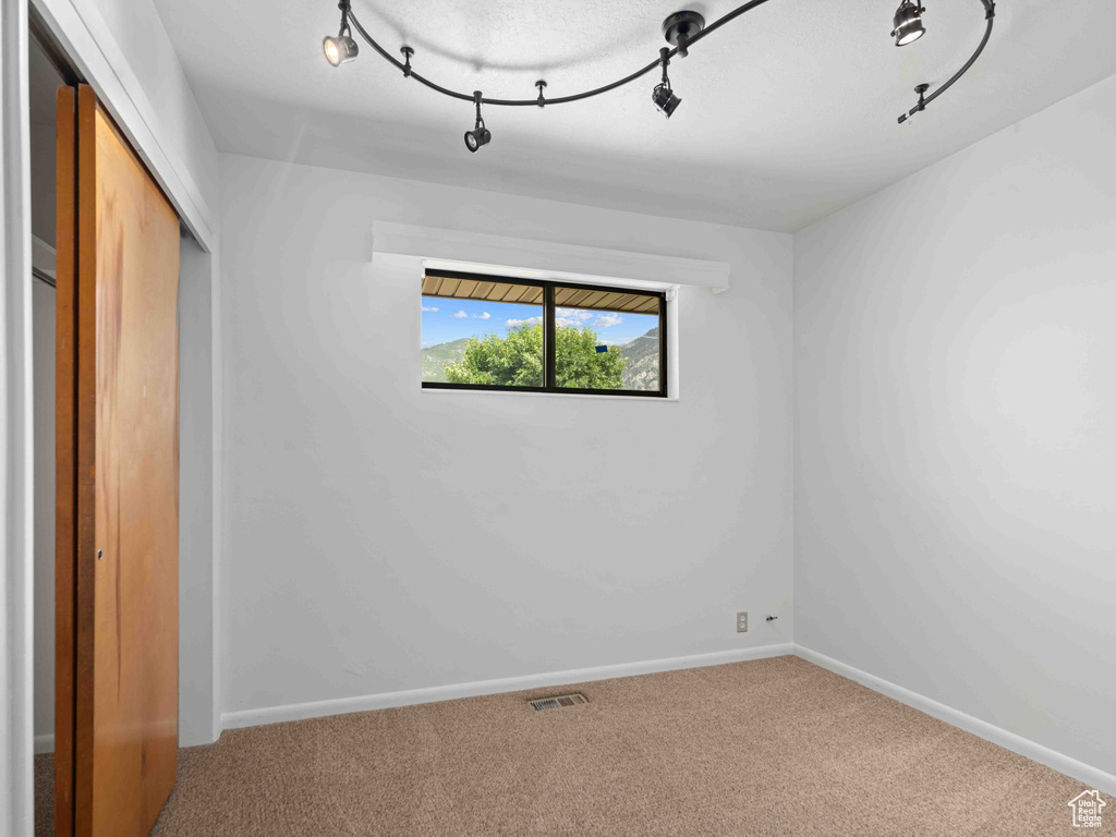 Unfurnished bedroom featuring rail lighting, carpet, and a closet