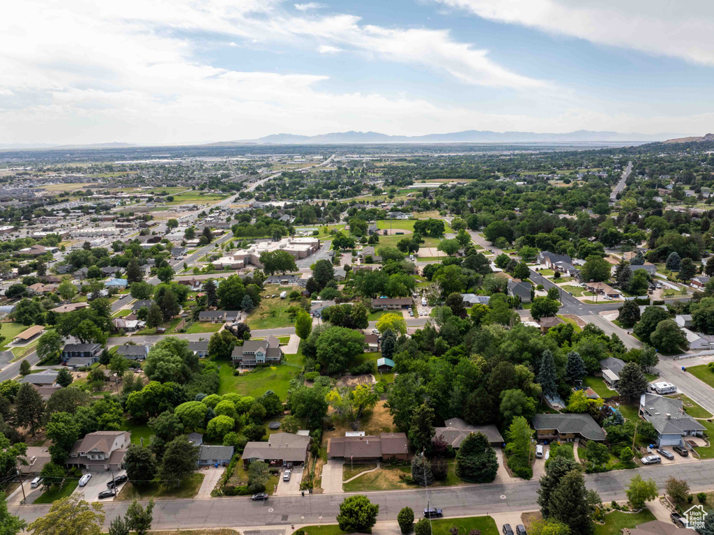 Aerial view of residential area with mountains