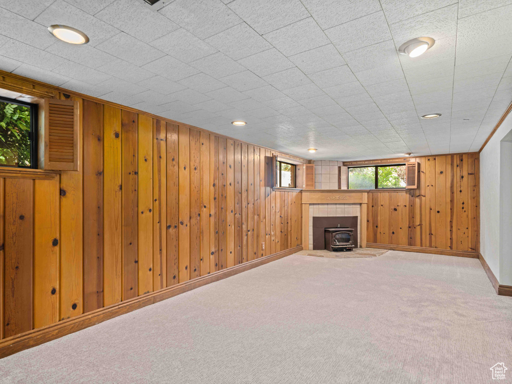 Below grade area with wooden walls, a wood stove, and carpet flooring
