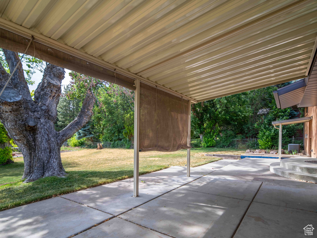 Fenced backyard with a patio