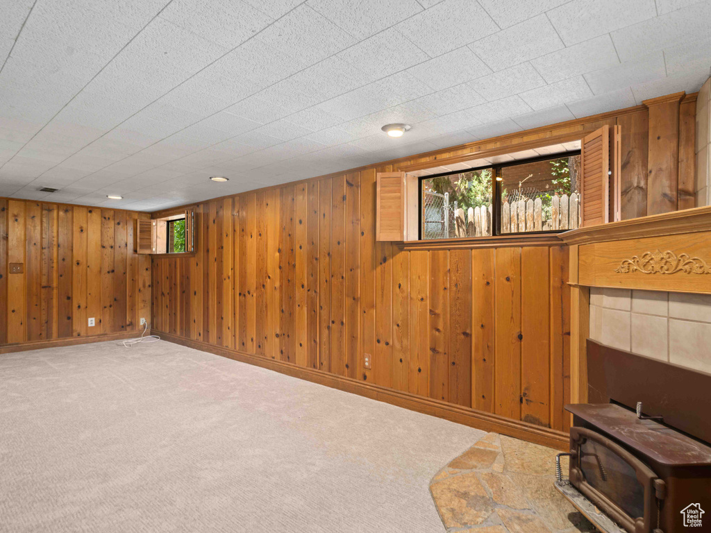 Below grade area featuring a wood stove, wood walls, and carpet