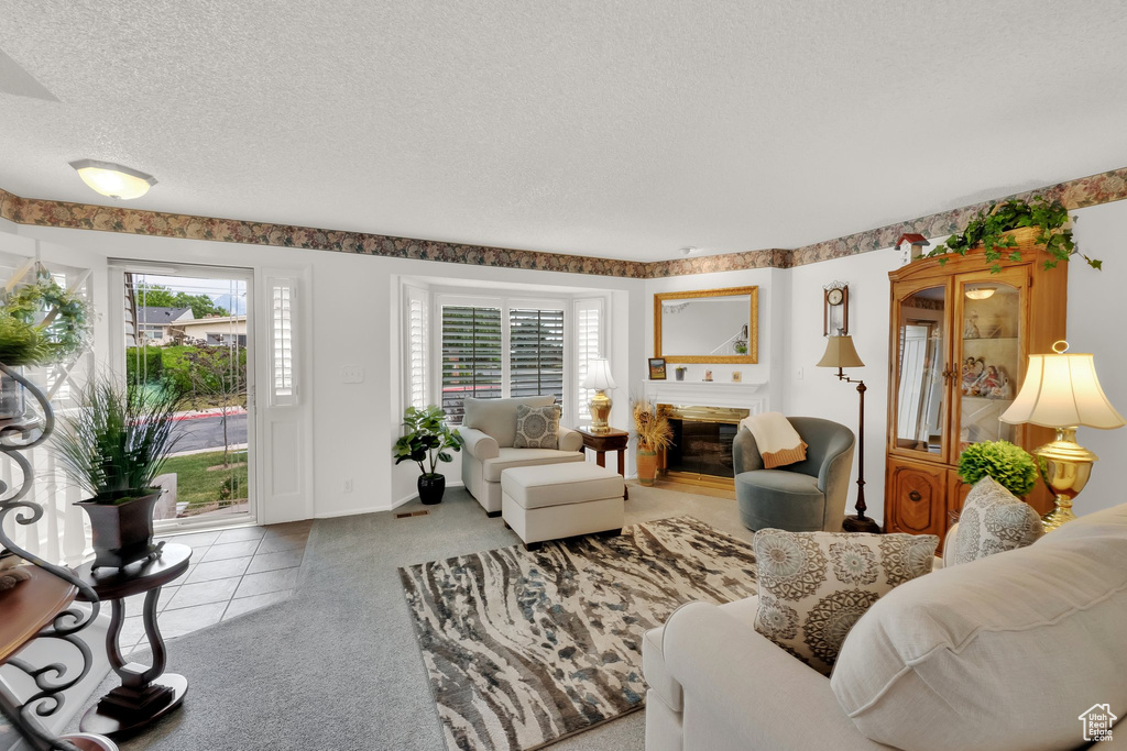 Tiled living room featuring carpet flooring, plenty of natural light, a glass covered fireplace, and a textured ceiling