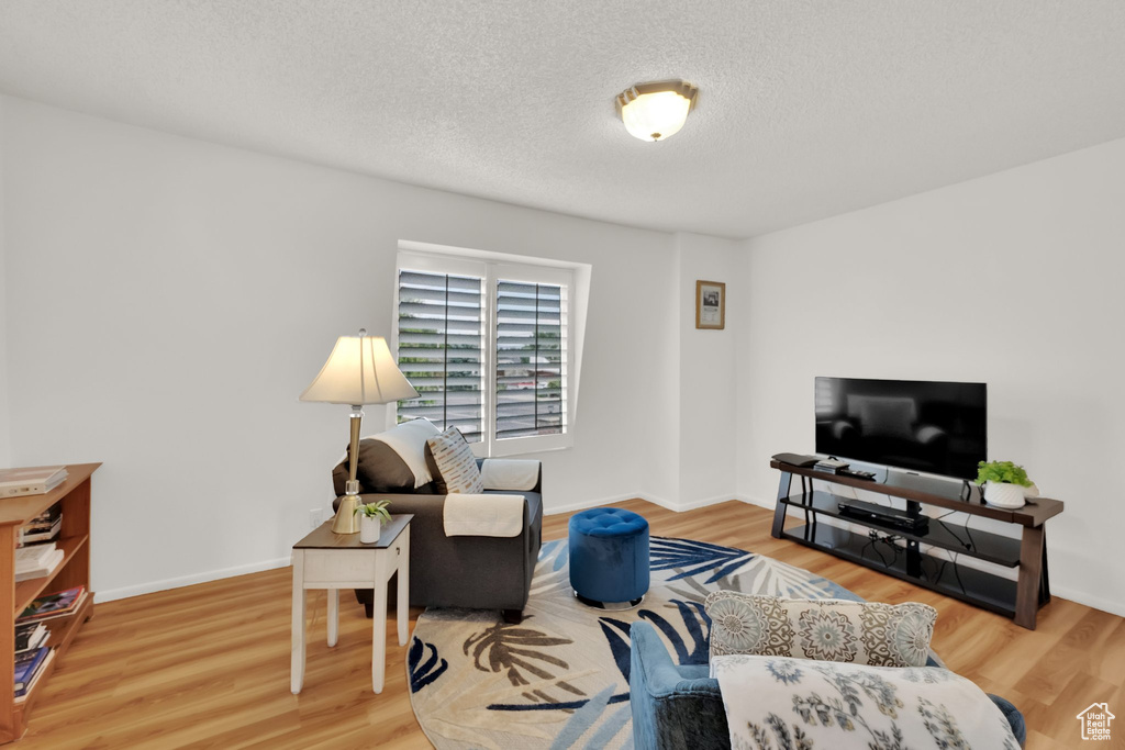 Living area featuring wood finished floors and a textured ceiling