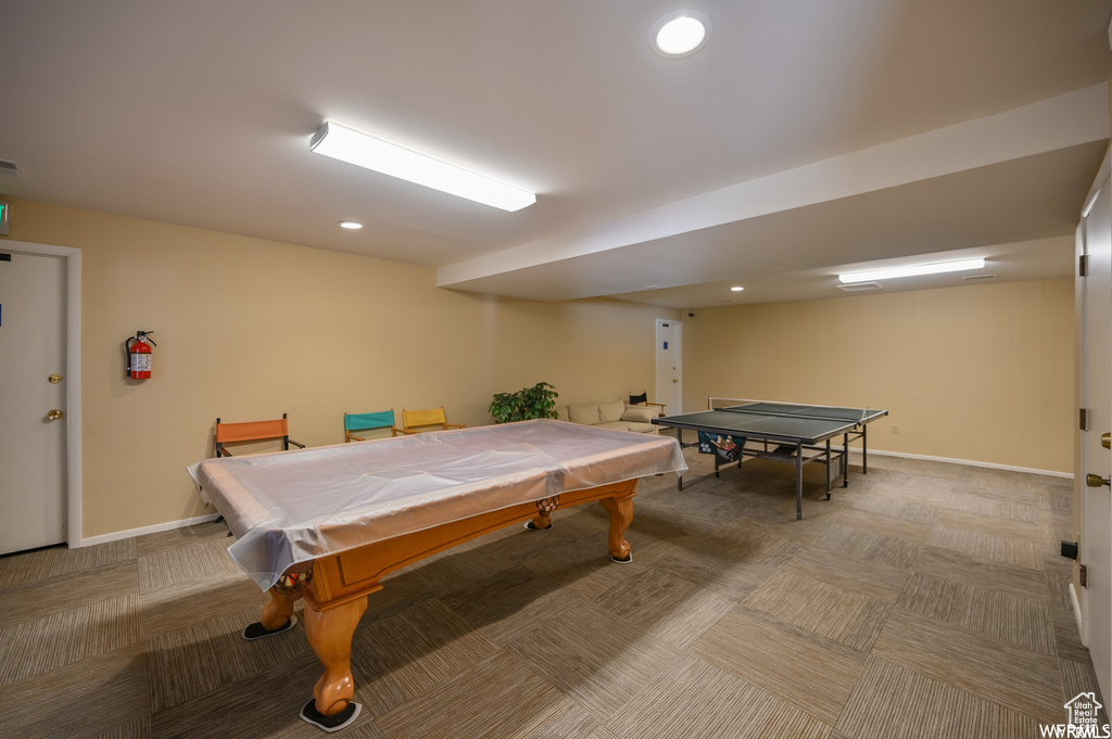 Game room with carpet, recessed lighting, and pool table