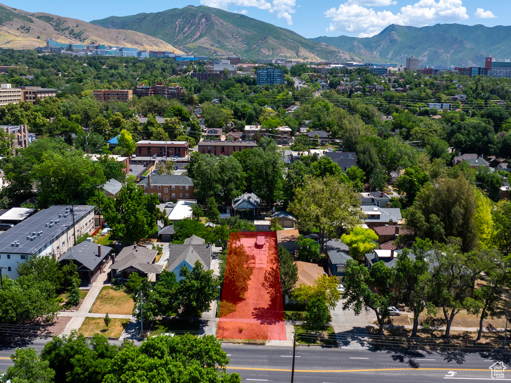 Aerial view of a mountain backdrop