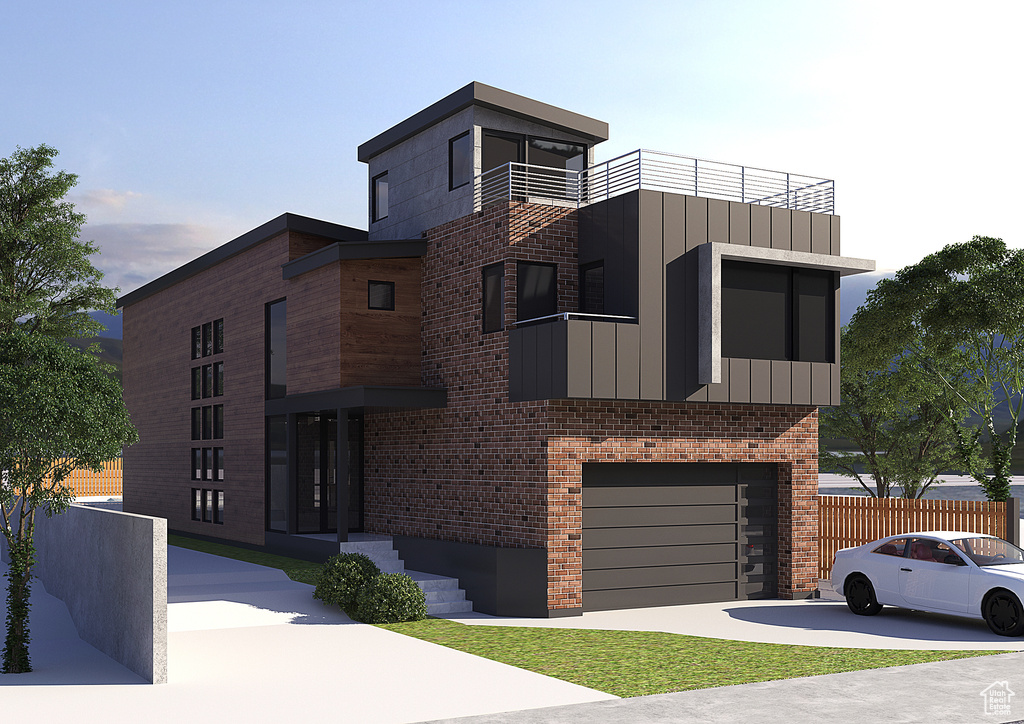 View of front of house featuring driveway, a garage, brick siding, and board and batten siding