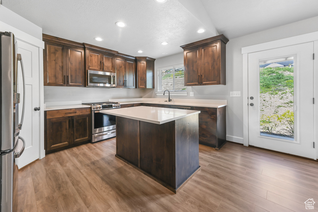 Kitchen with stainless steel appliances, recessed lighting, wood finished floors, light countertops, and dark brown cabinets