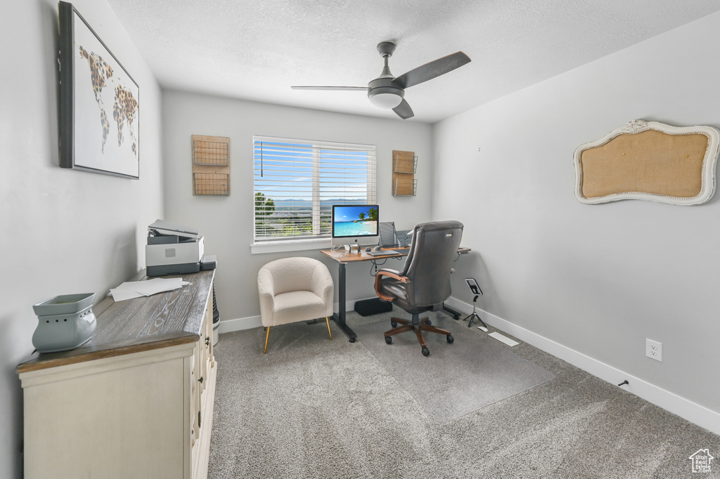 Carpeted home office featuring ceiling fan and a textured ceiling