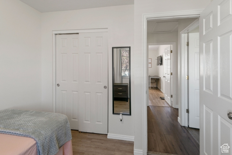 Bedroom featuring attic access, dark wood-type flooring, and a closet