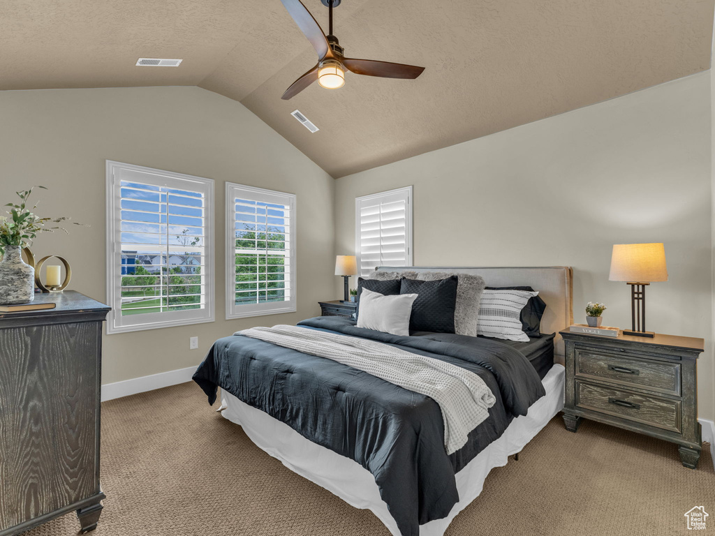 Bedroom with lofted ceiling, carpet floors, ceiling fan, and a textured ceiling