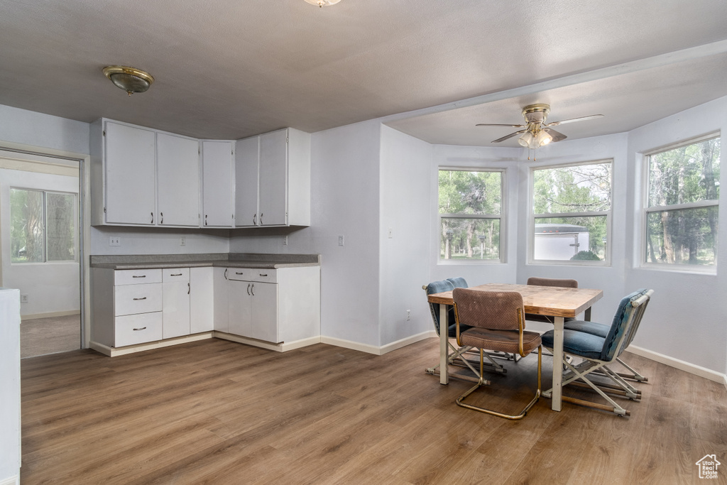 Dining room featuring light wood-style floors and ceiling fan