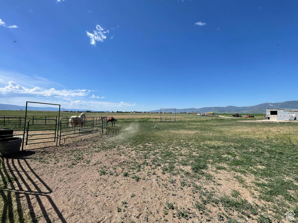 View of yard with a rural view and a mountain view