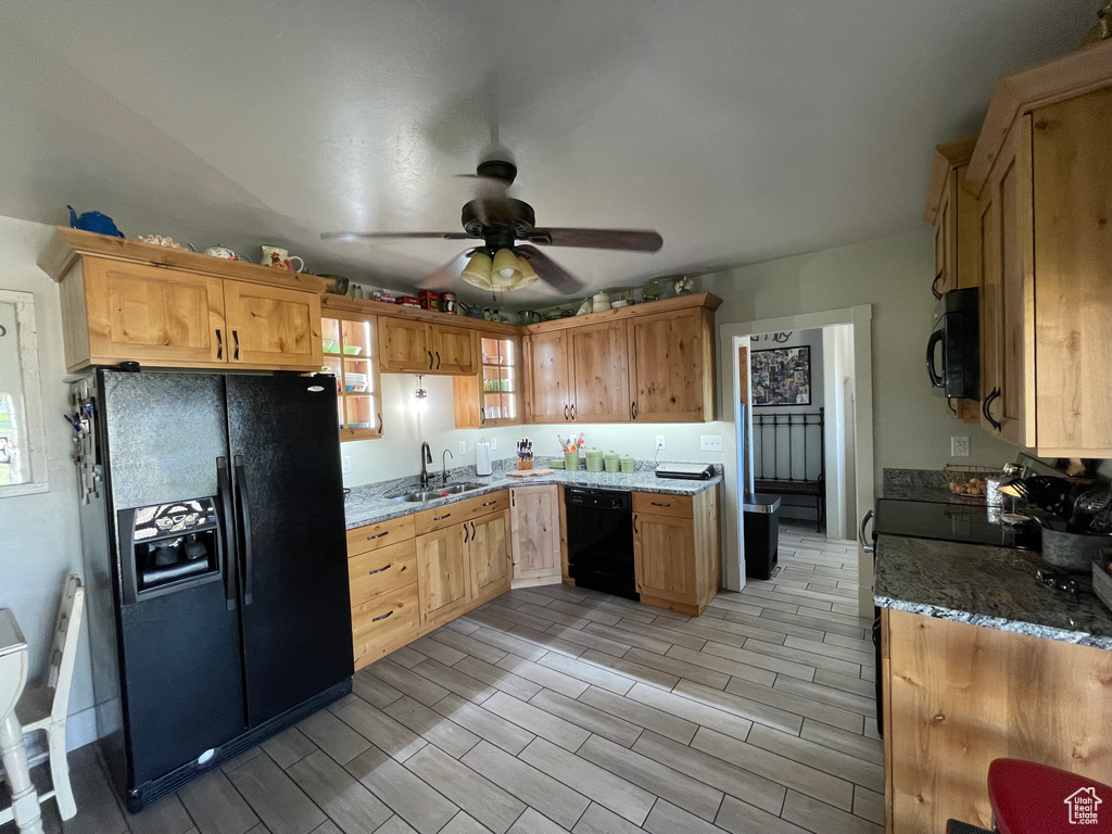 Kitchen featuring black appliances, ceiling fan, stone counters, and healthy amount of natural light