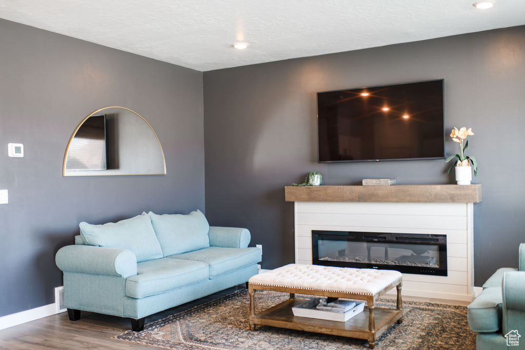 Living area featuring wood finished floors, a glass covered fireplace, and a textured ceiling
