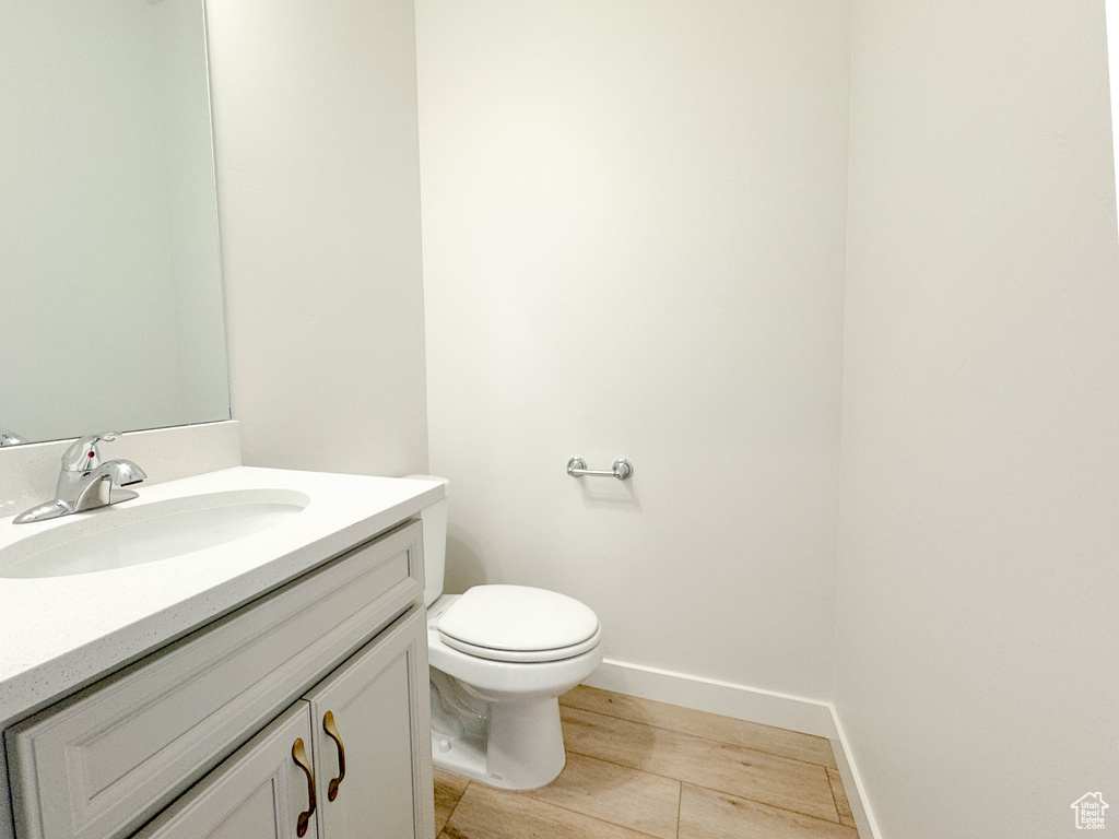 Bathroom with wood finished floors and vanity