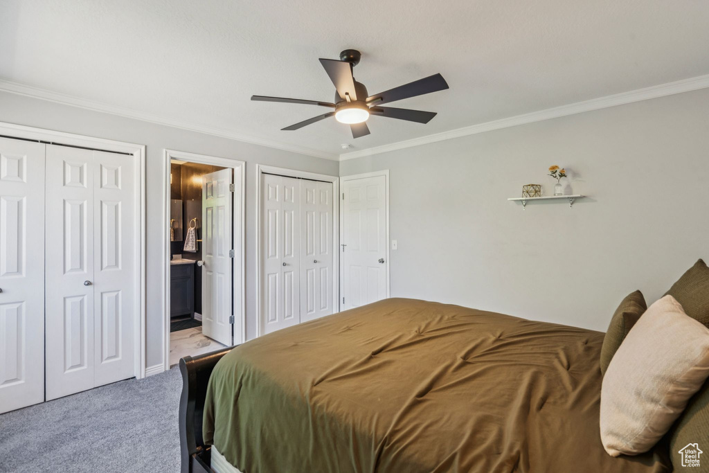 Carpeted bedroom with ornamental molding, two closets, ensuite bath, and ceiling fan