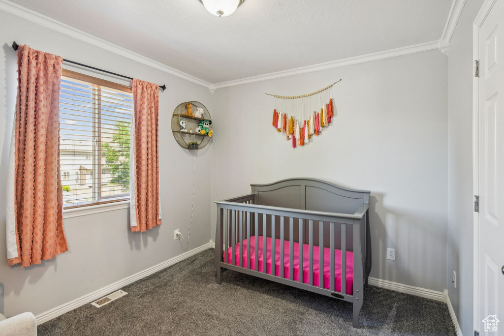 Carpeted bedroom featuring crown molding and a nursery area