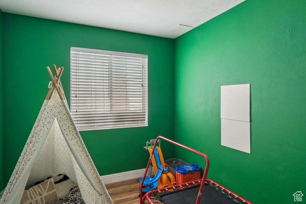Playroom featuring wood finished floors and baseboards