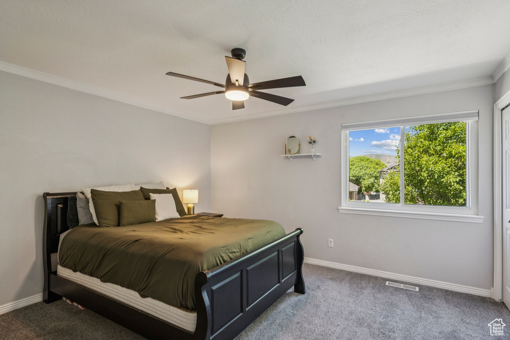 Bedroom featuring carpet floors, ornamental molding, and a ceiling fan