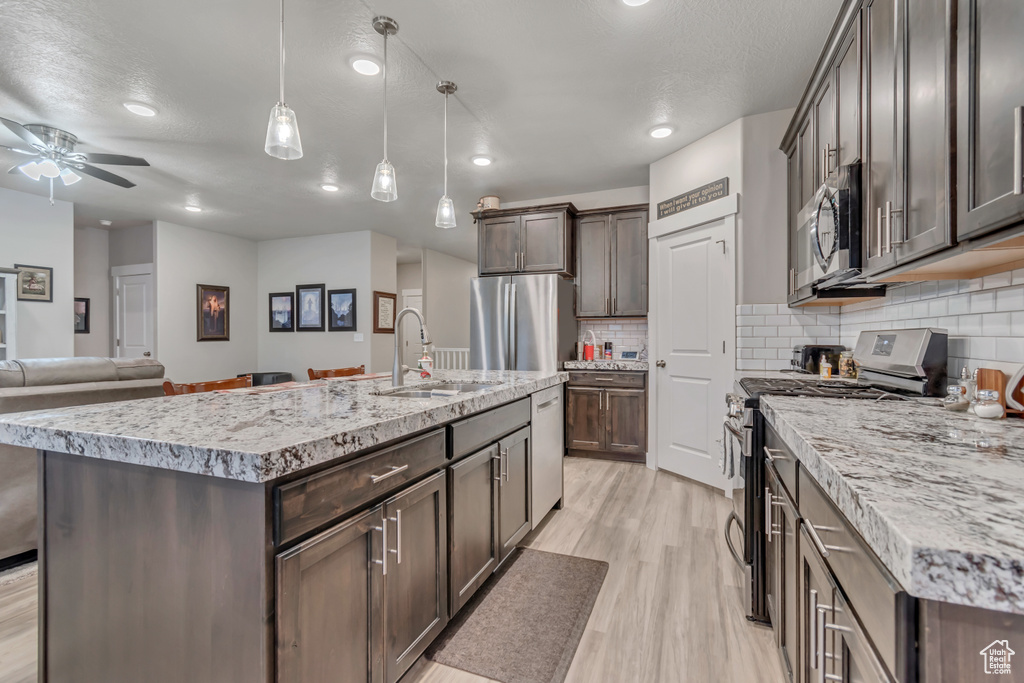 Kitchen featuring appliances with stainless steel finishes, a sink, a ceiling fan, light wood finished floors, and open floor plan