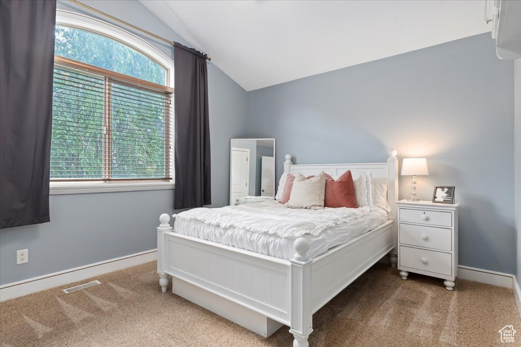 Carpeted bedroom with lofted ceiling and baseboards
