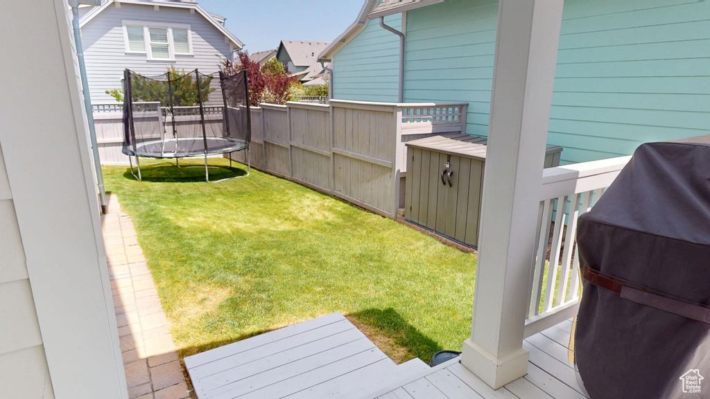 Fenced yard featuring a trampoline
