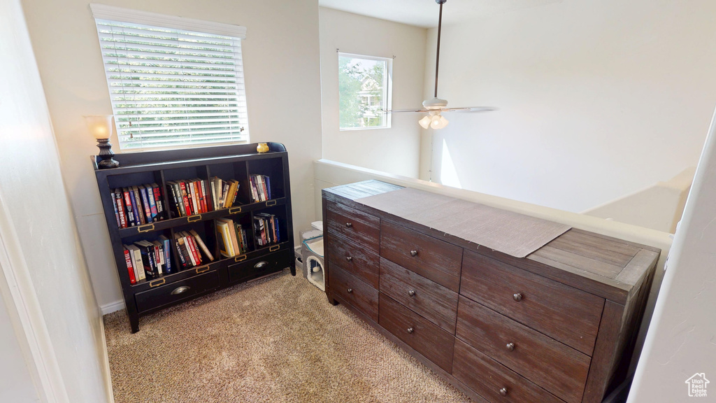 Bedroom with light carpet