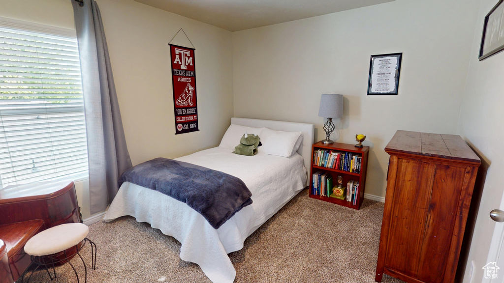 Carpeted bedroom with baseboards