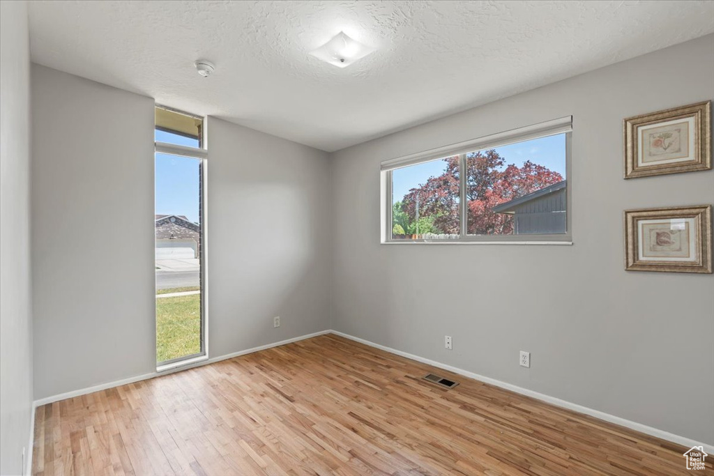 Empty room with light wood-style floors, a smoke detector, and a textured ceiling