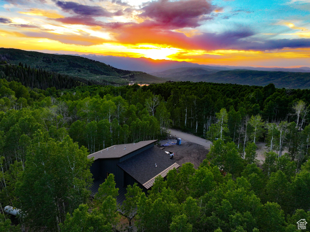 View from above of property featuring a heavily wooded area and a mountain backdrop