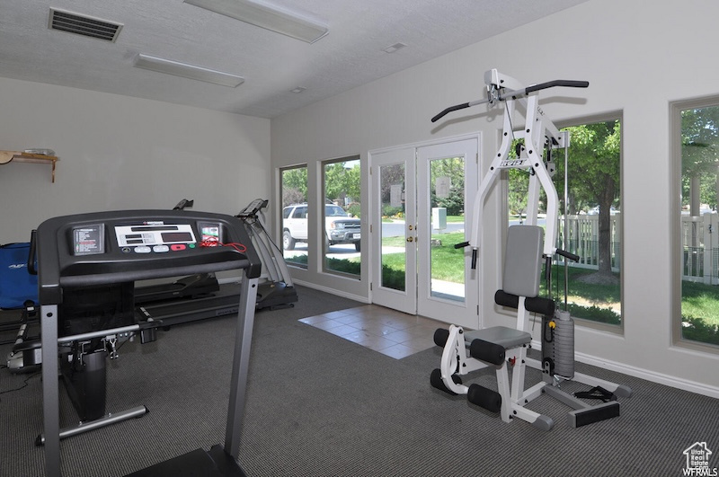 Gym featuring french doors and carpet flooring