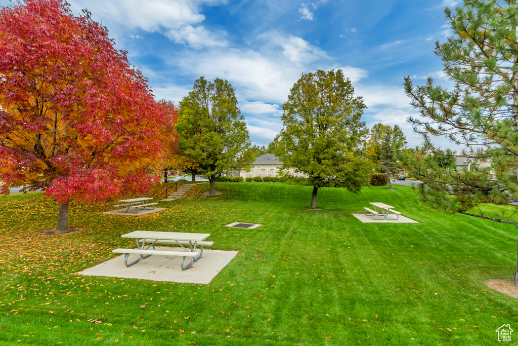 View of grassy yard with a patio area